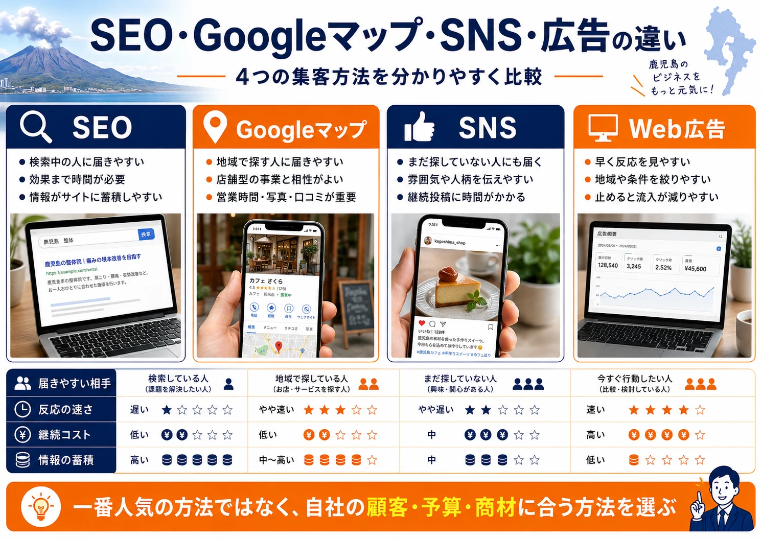 SEO・Googleマップ・SNS・広告の違い